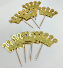 Load image into Gallery viewer, Gold glitter Crown Cupcake toppers