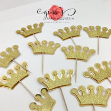 Load image into Gallery viewer, Gold glitter Crown Cupcake toppers