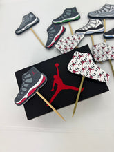 Load image into Gallery viewer, Jordan shoe cupcake toppers for sneaker party, sneaker head cake topper, Jordan party, sneaker cake topper