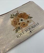 Load image into Gallery viewer, Large Boho makeup bag Champagne glitter make up pouch Love yourself boho style
