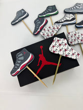Load image into Gallery viewer, Jordan shoe cupcake toppers for sneaker party, sneaker head cake topper, Jordan party, sneaker cake topper

